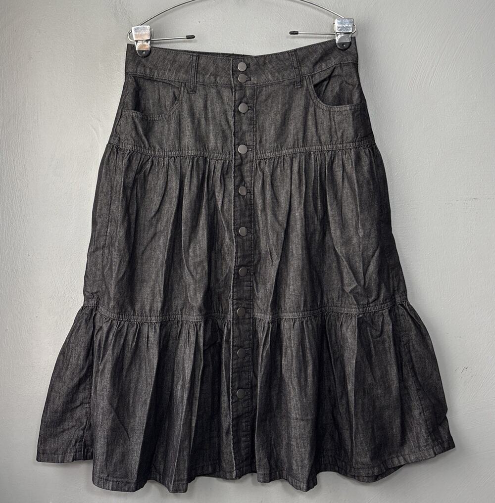 Denim Peasant Skirt Size 8 Black Tiered Midi Button Down Ren Faire Cowgirl Boho